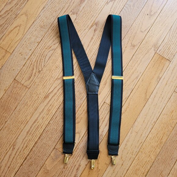 CAS Suspenders W Germany Green & Black Stripe Adjustable Clip-On Elastic Braces - Picture 1 of 11